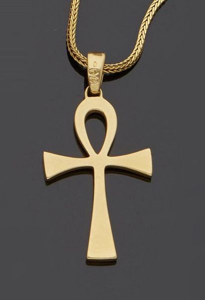null 18k yellow gold column chain, 750‰, equipped with a carabiner and a cross with...