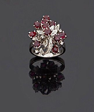 null Silver cocktail ring, 2nd title 800‰, set with rubies and 8/8 cut diamonds in...