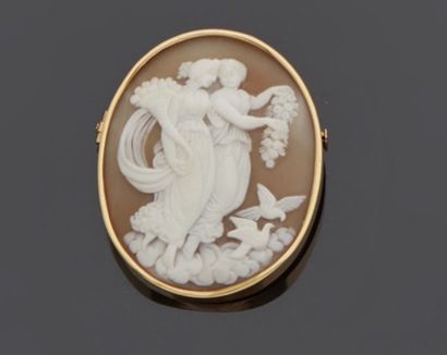 null 18k yellow gold cameo brooch, 750‰, oval shaped, adorned with a cameo on a shell...