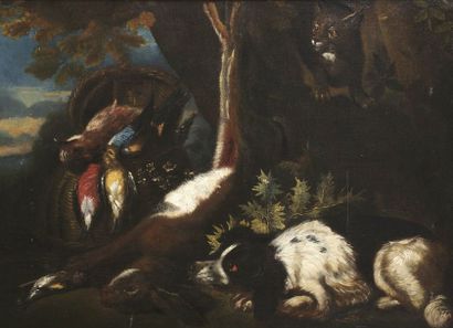  Attribué à Franz Werner VON TAMM 
Chien et chat devant un trophée de chasse 
Épagneul...