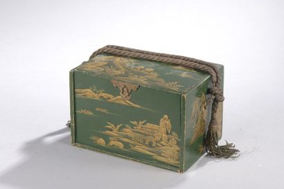 null Rectangular box in green and gold varnished wood imitating lacquer, the front...