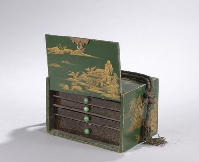 null Rectangular box in green and gold varnished wood imitating lacquer, the front...