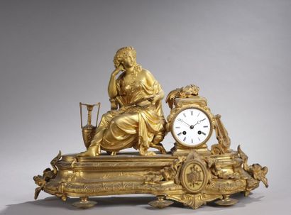 null Gilded bronze pendulum decorated with a figure of Euterpe, music muse, holding...