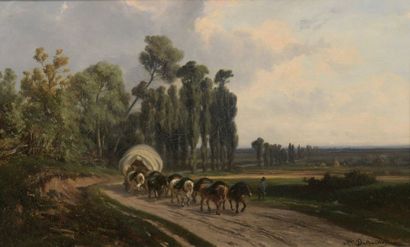  Alexandre DUBUISSON (1805-1870) 
Attelage dans la campagne 
Huile sur toile....