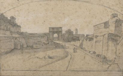 null Ecole FRANCAISE du XIXème siècle
Vue de ruines à Rome
Crayon noir et lavis gris.
36...