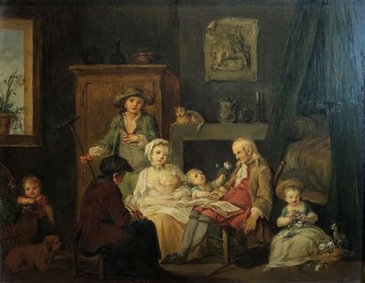 null École française, fin XVIIIème siècle 
L’heureuse famille 
Huile sur panneau...