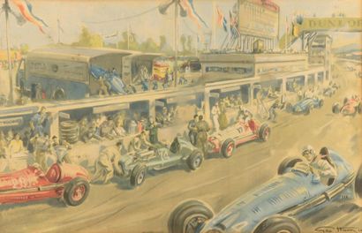 null Geo HAM (1900-1972) 
« Arrêts aux stands pendant un Grand Prix »
Estampe signée...