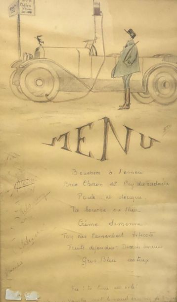 null J. LUNOT ? (XXe siècle) 
Cabriolet en bord de plage 
Encre et aquarelle, signée...