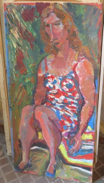 null André BEAUCE (1911-1974)
Femme pensive à la robe bleue, blanc et rouge; 
Huile...