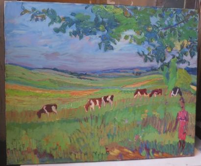 null André BEAUCE (1911-1974)
Femme en rose et ses vaches
Huile sur toile.
Signée...