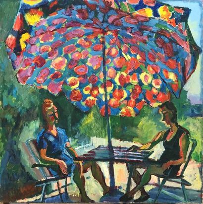 null André BEAUCE (1911-1974)
Deux femmes assises sous le parasol
Huile sur toile.
Signée...