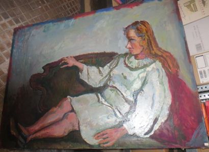 null André BEAUCE (1911-1974)
Suzanne en blanc sur le canapé
Huile sur toile.
Resignée...