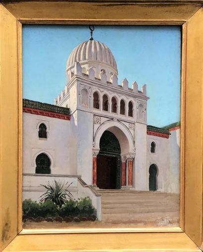 null Ecole Orientaliste Xxe siècle
Vue de l'entrée d'une mosquée
Huile sur panneau.
Monogrammée...