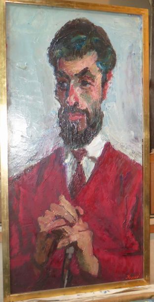 null André BEAUCE (1911-1974)
L'homme à la veste rouge
Huile sur toile.
Signée en...