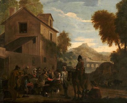 null Michelangelo CERQUOZZI (Rome 1602-1660)

Personnages attablés devant une auberge

Toile.

57...