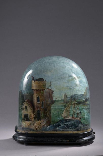 null AUTOMATIC MUSIC BOX decorated with fortifications and boats in a maritime landscape.

Circa...