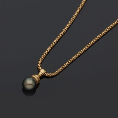 null Necklace in yellow gold, 18k 750‰, tubular mesh and pendant adorned with a grey...