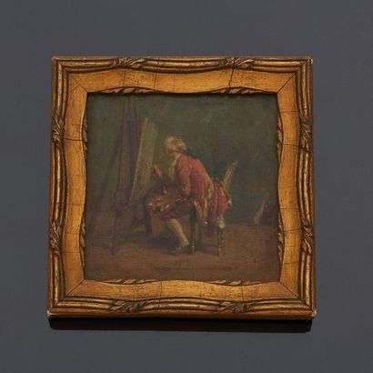 null Portrait d’un peintre en habit au travail, sur un petit panneau en bois, dans...