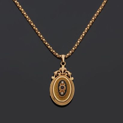 null Yellow gold necklace, 18k 750‰, tortoiseshell mesh, with an oval opening medallion...