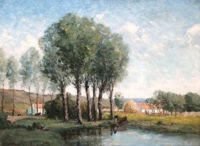 null André DES FONTAINES (1869-1910)
Paysanne et vache à l'étang
Huile sur toile.
Signée...