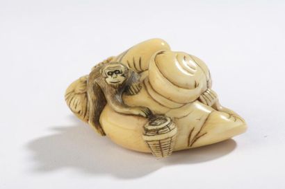 null Netsuke en ivoire, sarumawashi endormi, son singe volant dans son sac.
Non signé.
Japon,...