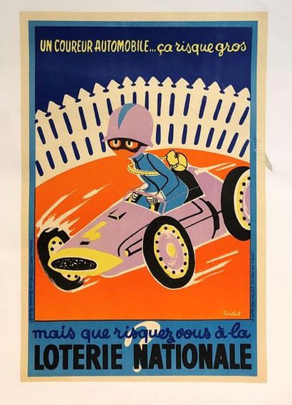 null Quatre affiches :
- CONSTANT (XXème siècle), "Un coureur automobile... ça risque...
