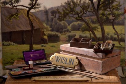 null A set including the artist's palette, brushes, paint box, compasses and lea...