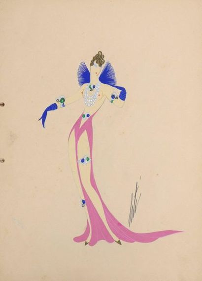 null ERTÉ (1892-1990)

Première femme aux bijoux (robe fuchsia échancrée)

Gouache...