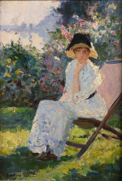 null Georges BINET (1865-1949)

Jeune femme dans un jardin 

Huile sur panneau parqueté.

Signée...
