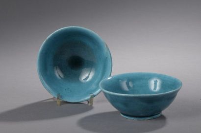null PAIR OF SMALL BOLLS in turquoise blue enamelled porcelain. Wooden bases.

China,...