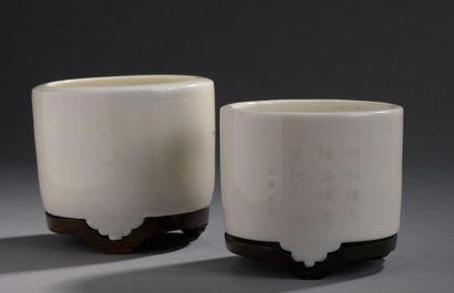 null PAIR OF SMALL JARS with crenellated feet in monochrome porcelain with a thick...