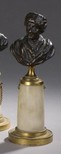 null TWO BUSTES of Voltaire and Rousseau in patinated bronze. White marble column...