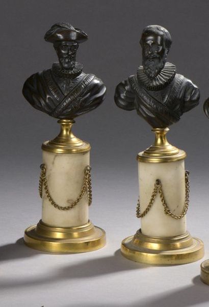 null TWO BUSTES of Henri IV and Sully in patinated bronze. White marble and gilt...