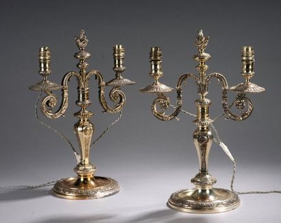null PAIR OF THREE LIGHT Candelabra in silver plated bronze with a baluster decorated...