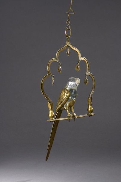 null PERROQUET PERCH in rock crystal, bronze and gilded metal, the polylobate perch...