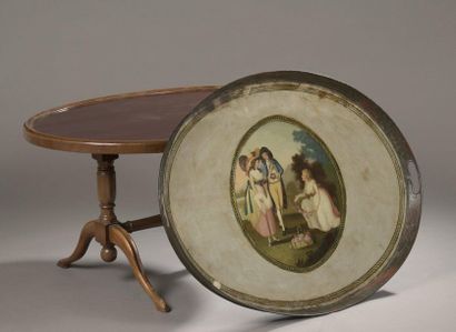 null Oval TRAY in lacquered sheet metal with a gallant scene decoration. 
 
Mounted...