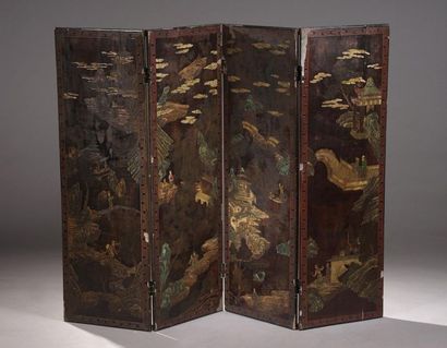 null SMALL FABRIC with four leaves in Coromandel lacquer, decorated with lake landscapes...