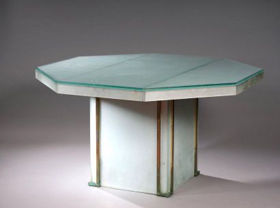 null EATING ROOM TABLE with octagonal top with thick glass plate extensions and square...