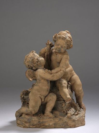  18th century FRENCH school 
Two putti 
Original terracotta sketch. 
Accidents and...