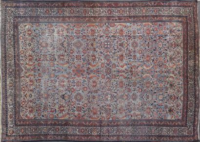 null PERSAN FERAHAN RUG with flowers and foliage on a sky blue background. Border...