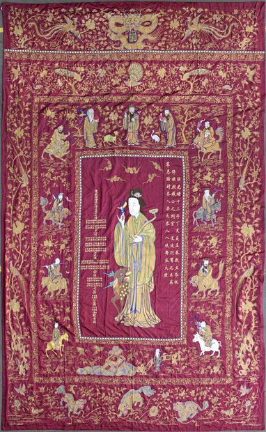 null TENTURE in polychrome embroidered silk and gold on a purple background, depicting...