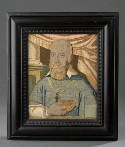 null PORTRAIT of Saint François de Sales in wool and silk tapestry in petit point.

Blackened...