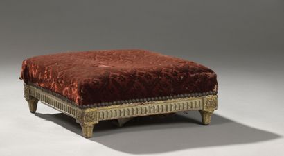null Square FOOT TABOURET in cream lacquered and gilded walnut, carved with fluting,...