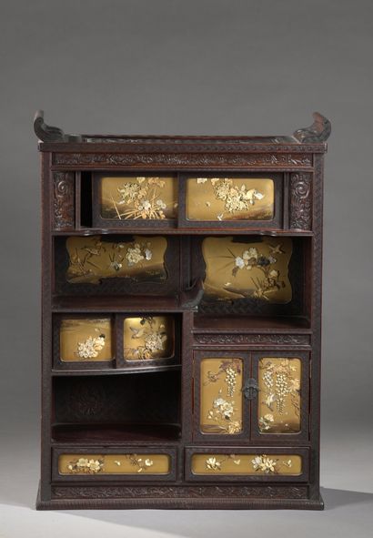 null CABINET in wood with carved decoration of cranes and mumi-ji (maple) leaves...