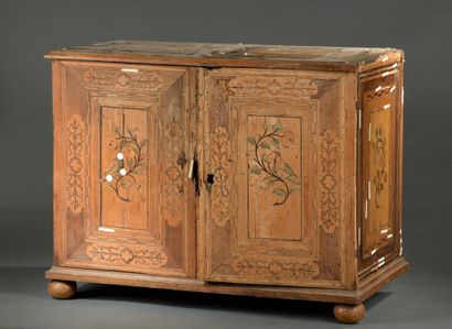 null SMALL CABINET in native wood veneer with inlaid decoration of flowering branches...