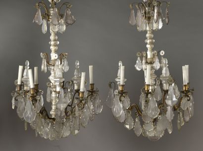 null PAIR OF CHANDELS with six bronze chandeliers decorated with plates and cut crystal...