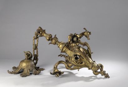 null Gilt bronze chandelier with four arms of light with foliage around an openwork...