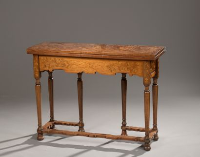 null Rectangular console table with mahogany veneer folding top and inlaid decoration...