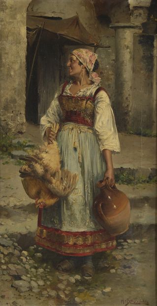 null H. DERILLON (19th-20th century)

The poultry merchant. 


Oil on canvas. 


Signed...
