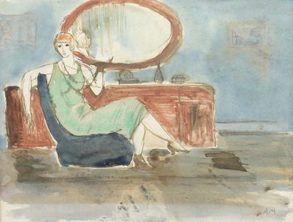 null 20th Century School

Woman sitting in an Art-deco interior

Watercolor.

Wears...